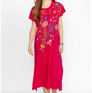 Johnny Was Shreri Relaxed Knit Embroidered Boho Floral Pink Midi Beach Dress S